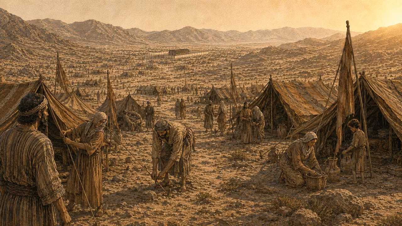 Families arrange tents beneath plain standards, with the sanctuary in the distance.