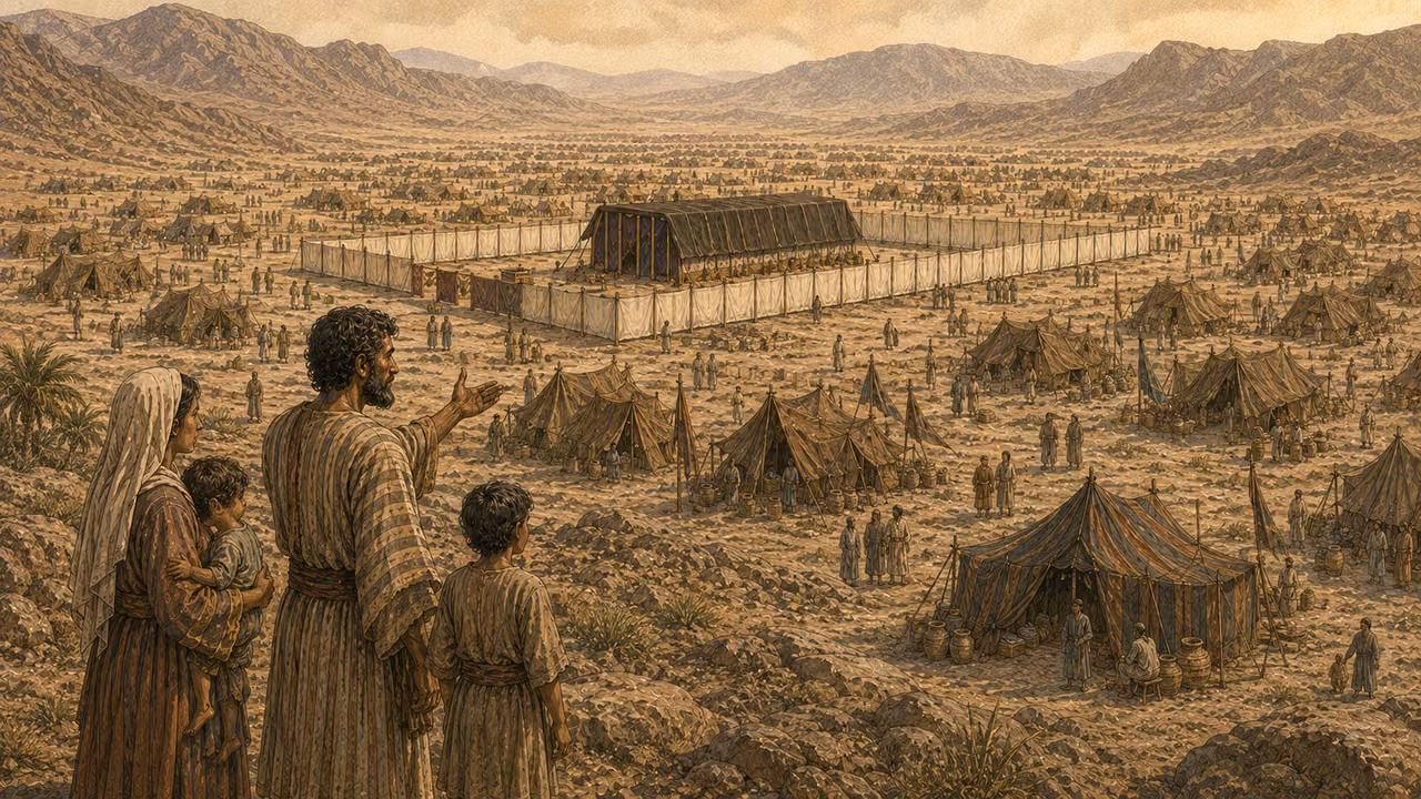 A family surveys the organized camp surrounding the sanctuary.