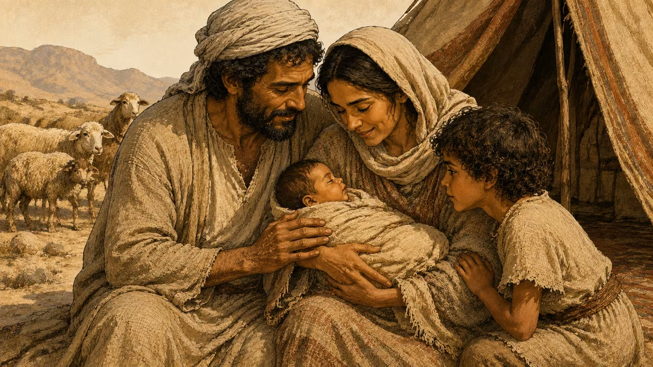 Parents and a child gather around a swaddled infant beside their tent.