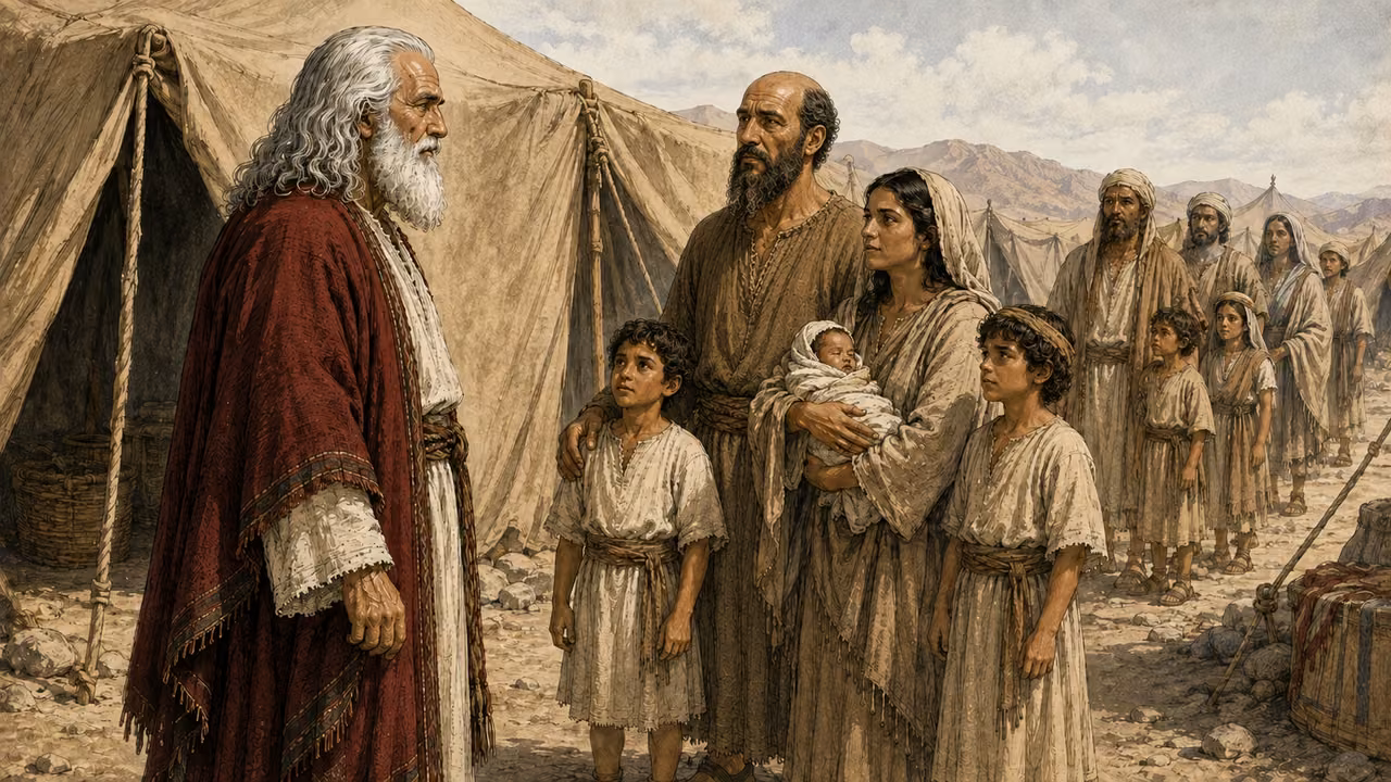 Moses faces a Levite family with children and an infant.