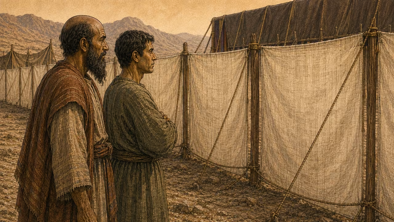 Two custodians stand beside linen hangings and ropes.