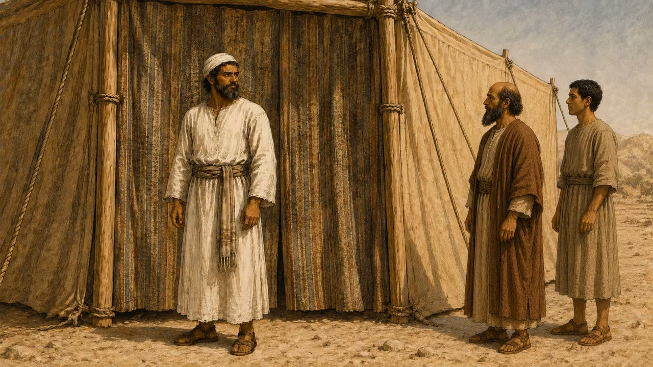 Eleazar stands by a closed sanctuary curtain with two custodians nearby.