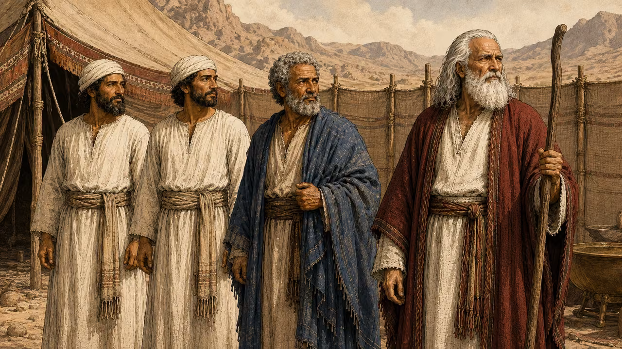 Moses, Aaron, Eleazar, and Ithamar stand watch near their tents.