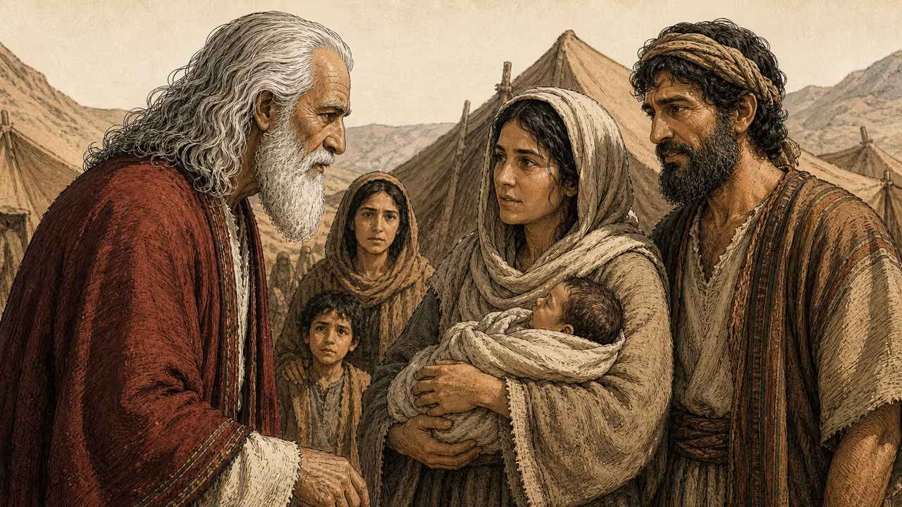 Moses listens to parents with their swaddled firstborn son.