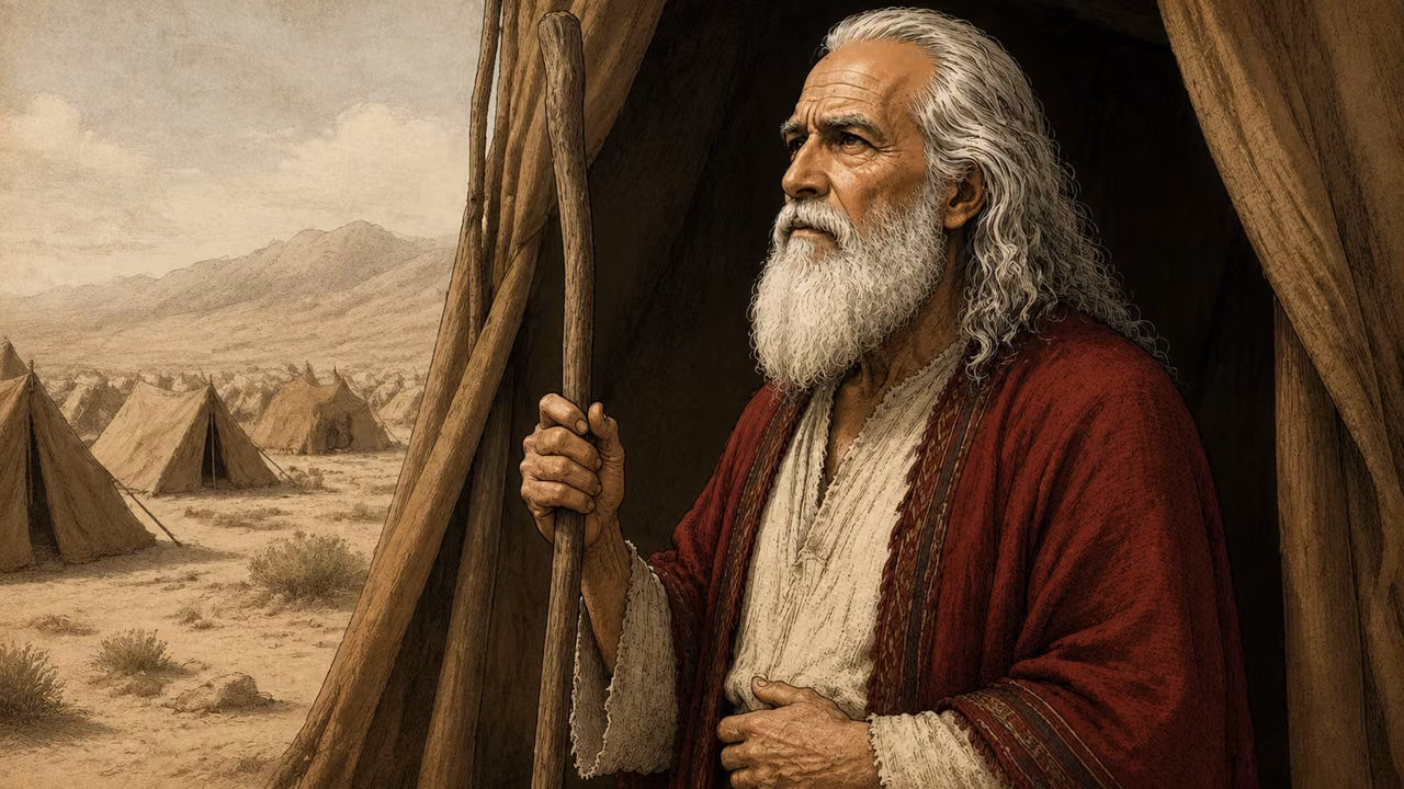 Moses listens thoughtfully at a shaded tent threshold.