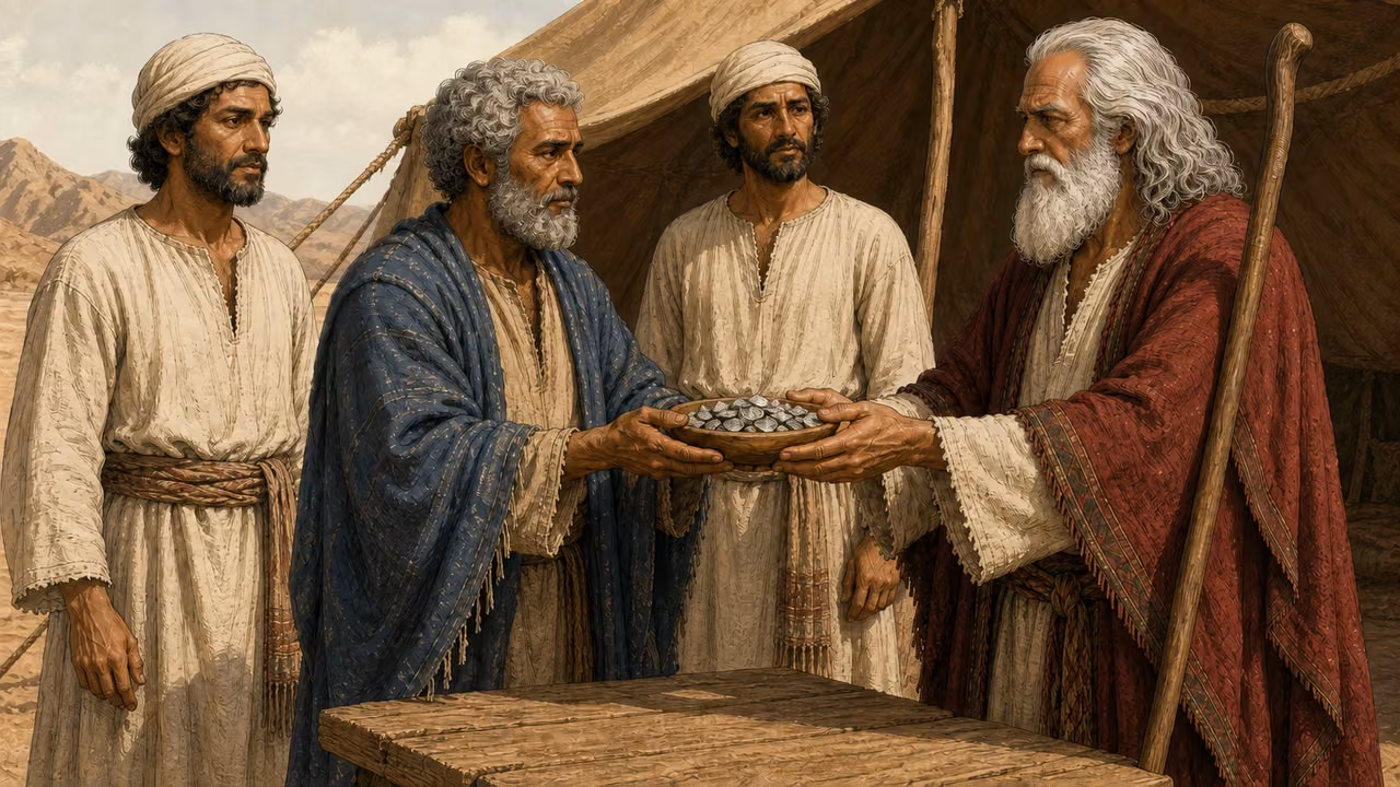 Moses hands a bowl of silver to Aaron while Eleazar and Ithamar observe.