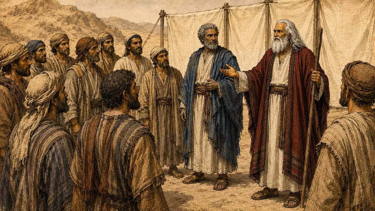 Moses and Aaron address a group of Levite representatives.