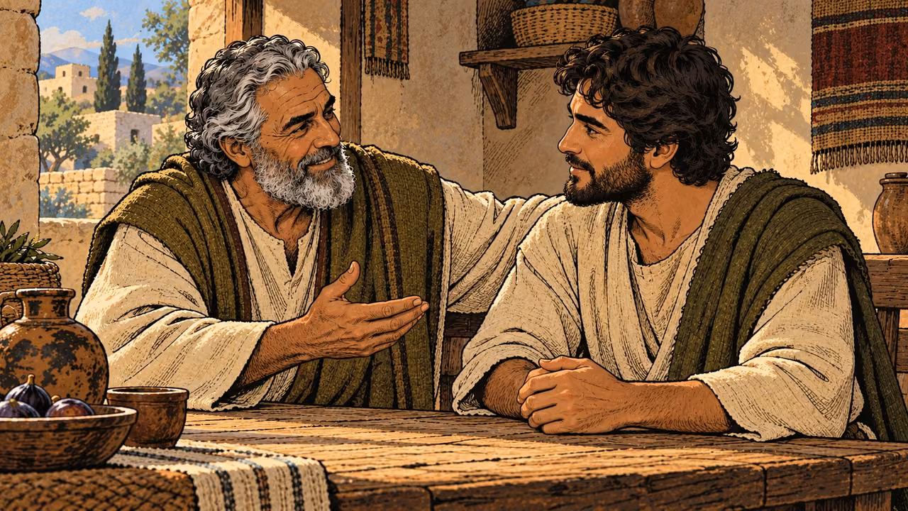 A smiling gray-bearded father rests an open hand beside his fully grown attentive son at a plain household bench, eye-level two-person view, warm morning light, cream and olive clothing; no speech or written lesson.