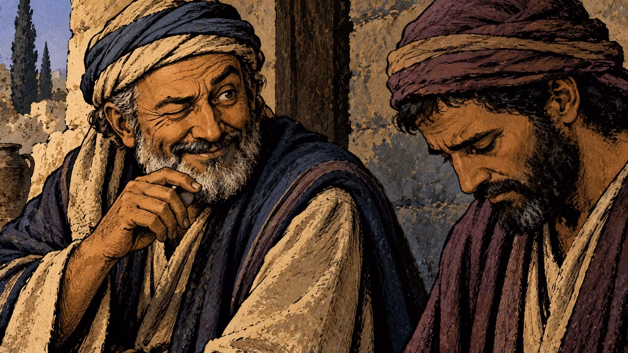 Tight lateral composition of an anonymous older man winking while a separate mature adult listener at the far edge lowers the eyes in sorrow, indigo and restrained plum, no dialogue or conspiracy.