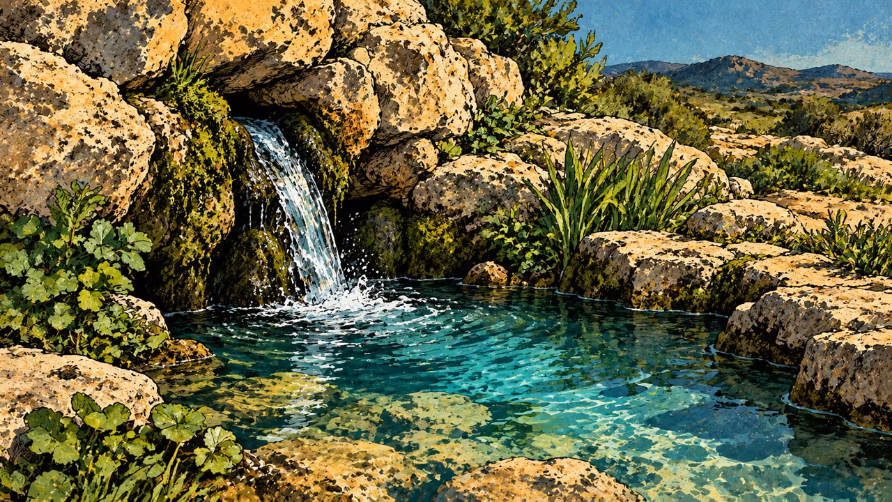 Fresh spring water flows from a small natural rock opening into a clear pool among new green plants, low water-level landscape, turquoise and limestone, no people or built fountain.
