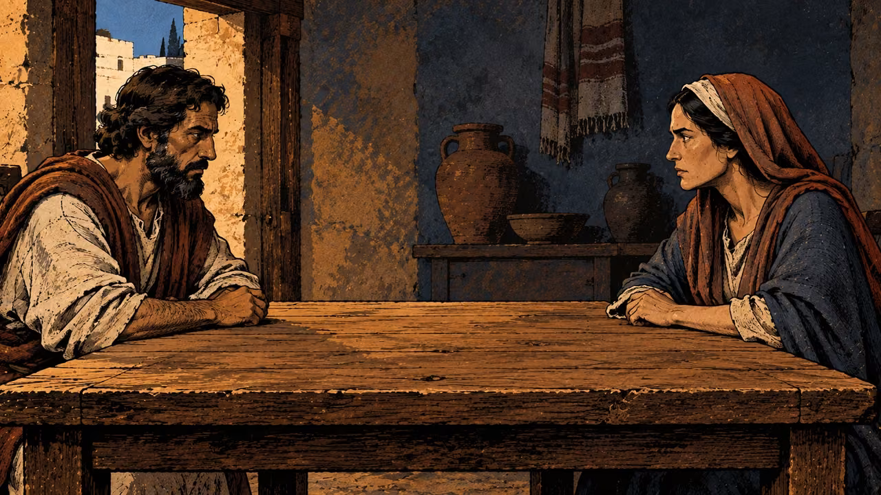 Two mature adults face each other tensely across a broad empty household table, hands stiff but lowered, wide frontal composition, dark rust and blue, no weapons, blow or specific argument.