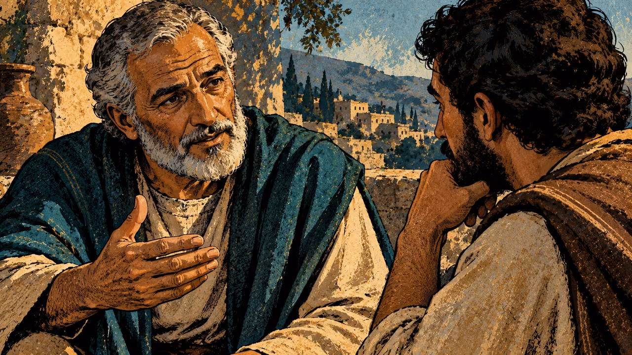 An older discerning man with a short silver beard speaks calmly to one grown listener, mouth and attentive ear prominent, close shoulder-level view, teal and gold, no written counsel.