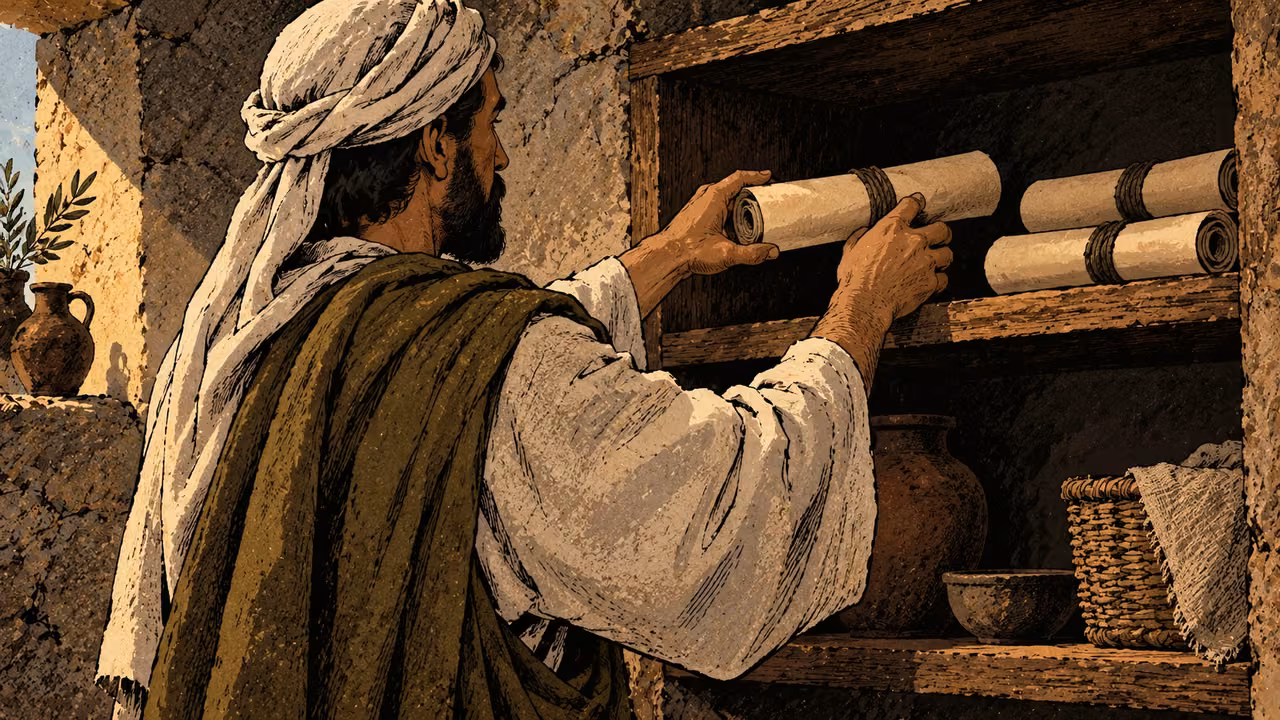 An anonymous adult stores completely unmarked closed scrolls in a plain dry wooden niche, cream, ink and olive, with no readable writing.