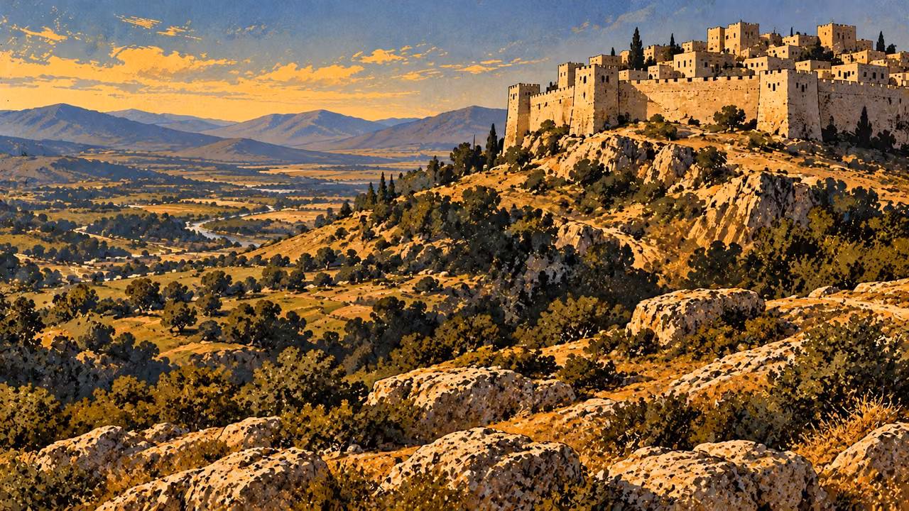 A compact ancient fortified town with substantial limestone walls stands on a ridge, wide elevated geography, bronze sunlight, no army, person or flags.
