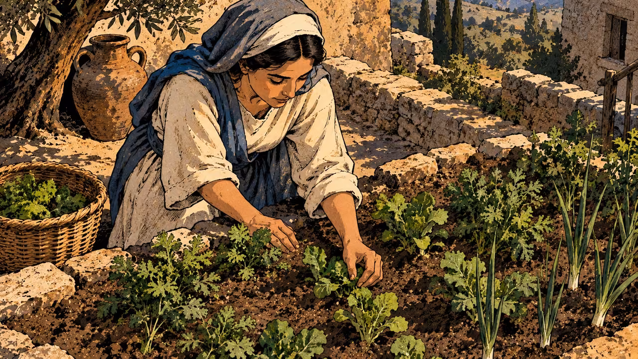 A mature anonymous woman patiently tends healthy young food plants in a small garden bed, high diagonal view, practical cream and blue clothing, no invented dialogue.