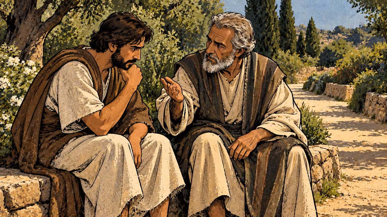 A mature adult listens to an older adviser’s restrained correcting gesture beside a level garden path, wide diagonal pair, green and cream, no speech text or physical punishment.