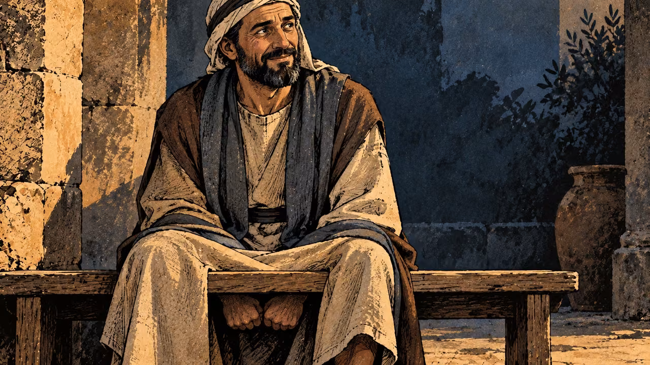 An anonymous mature adult shows a strained polite smile while tightly clenched hands remain partly hidden beneath a plain bench, medium frontal view, cold blue and ochre, no intended victim.
