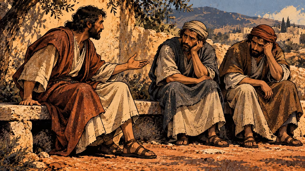 One grown man speaks with a restless spread hand while two adult listeners look weary, wide side view at a plain outdoor bench, clay red and dusty cream, no repeated mouths or speech symbols.
