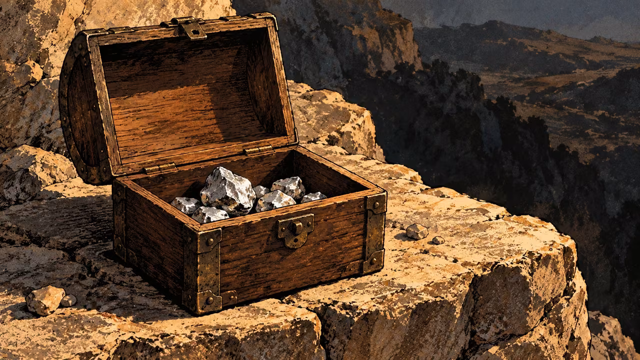 An open unmarked chest contains a few irregular raw silver pieces on a barren stone ledge above dark ground, no coins or inscriptions, stark low still life, deep charcoal and cold bronze.