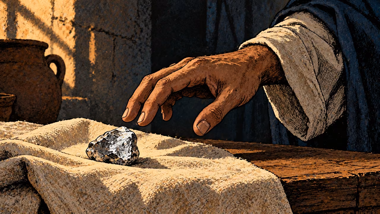 One clean unmarked irregular piece of silver lies on plain pale linen beneath a hovering clothed adult hand, close oblique view, crisp silver and midnight blue, no coin, stamp, symbol or lettering.
