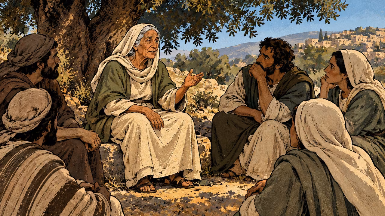 An elderly anonymous woman speaks thoughtfully to several fully grown listeners beneath a shady tree, broad semicircle, plain cream and green clothing, no food giveaway or invented words.
