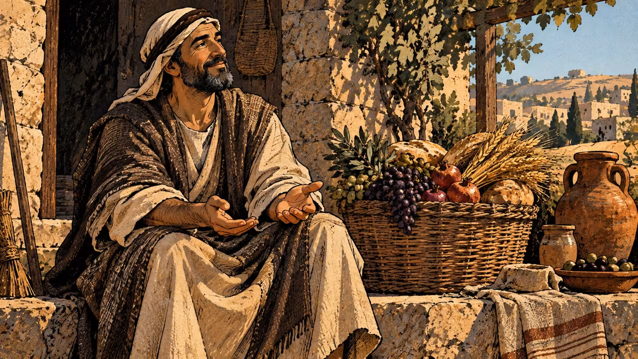 An anonymous mature adult sits peacefully beside a modest abundant harvest basket and well-kept household vessels, open hands and serene face, medium environmental view, ordinary warm sunlight, no deity, halo, falling gifts or magical radiance.