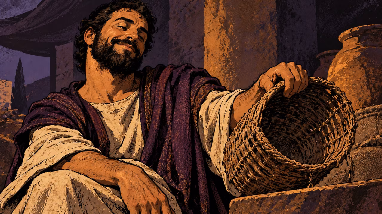 A clearly grown anonymous man grins heedlessly beside a crooked loosely woven basket that he handles as if amused, close low portrait, deep violet and copper, no specified offense, victim, gambling or invented game.