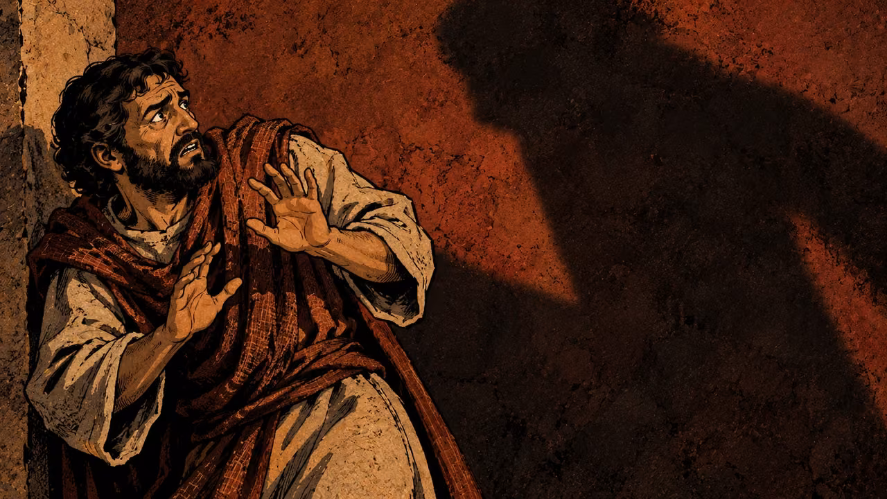 An anonymous adult with tense face recoils from a large ordinary shadow spreading over a bare wall, isolated medium view, dark red and ink, no attacker, weapon or specific feared event.