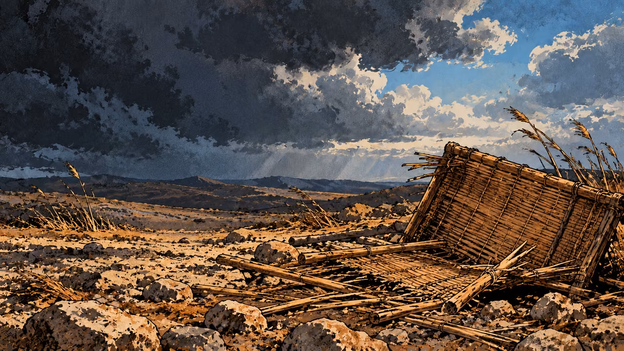Wind-cleared stony ground holds only torn reeds and an overturned flimsy screen beneath receding storm clouds, wide low landscape, indigo and gray, no body, wrecked city or specific historical storm.