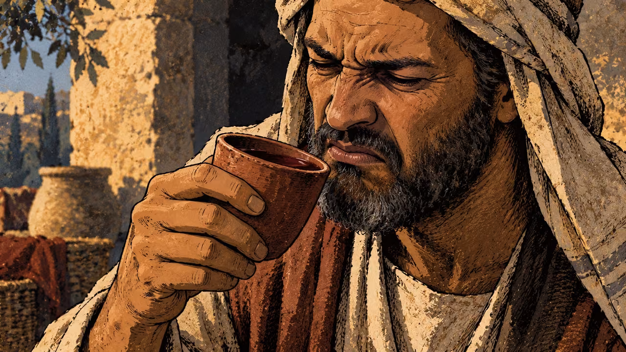 An anonymous mature adult winces slightly with a plain sour-wine cup near the teeth, close face-and-cup detail, pale ochre and muted red, no written label or injury.
