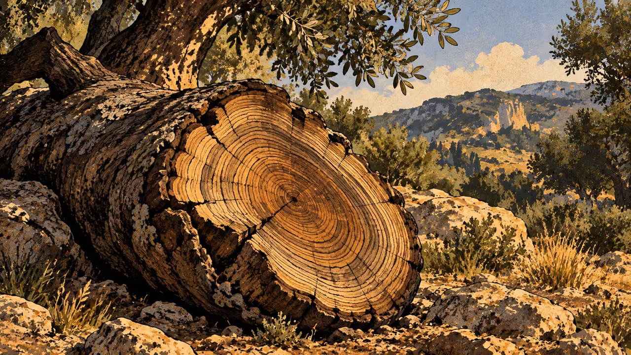 A healthy old tree trunk shows many broad growth rings on an exposed naturally fallen section, wide near-ground nature view, olive and amber, no axe, person or deity.