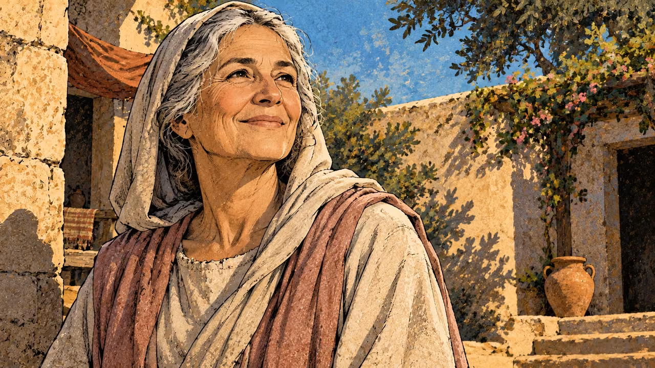 A silver-haired anonymous woman looks forward with a restrained joyful smile from a sunlit courtyard, medium frontal portrait, pale blue and rose, no depicted fulfilled wish or named celebration.