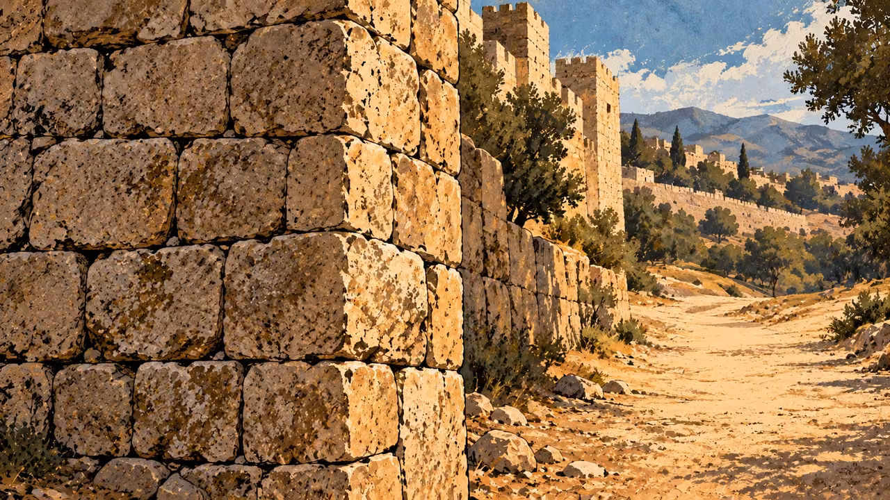 A plain strong limestone refuge wall stands beside a clear path under ordinary daylight, elevated broad architectural view, olive and warm stone, no deity, symbols or named sanctuary.