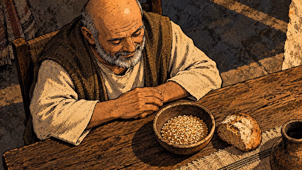 A plain bowl full of grain and a small loaf rest before an anonymous older adult in modest clothing, close overhead meal view, warm ochre, hands resting peacefully; no giver or supernatural light.