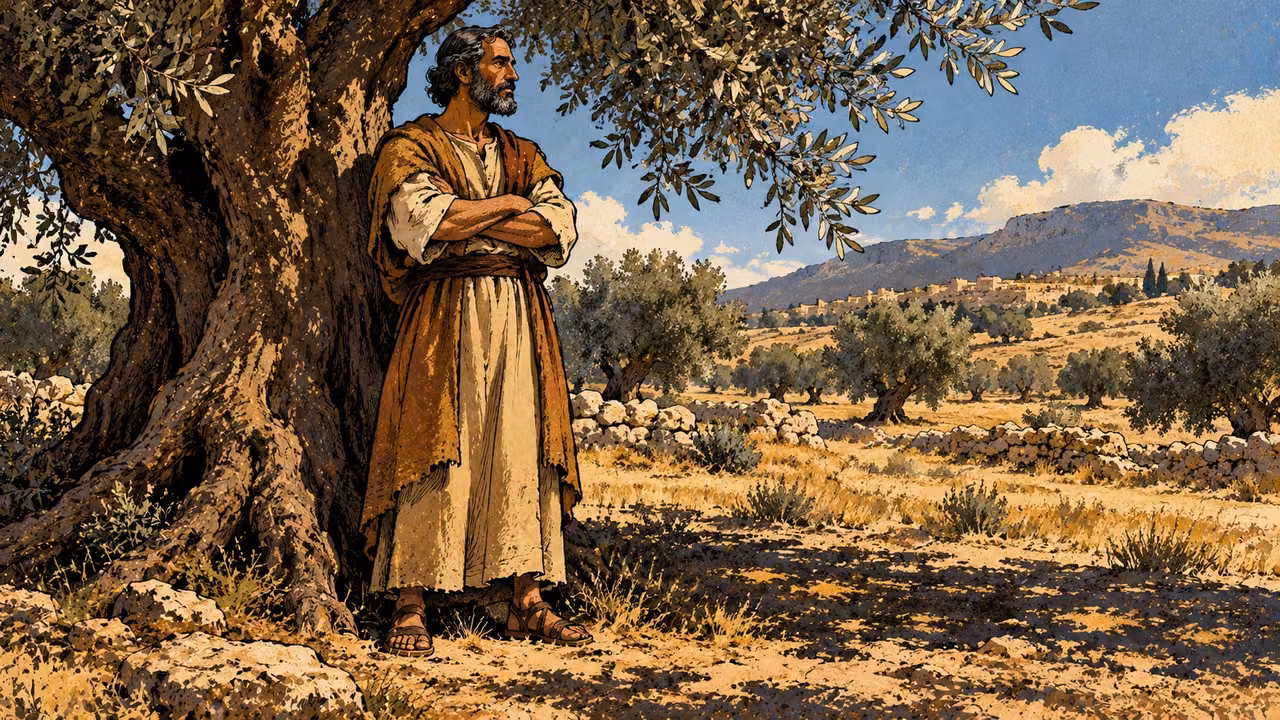 A mature anonymous adult stands firmly beside a deeply rooted old olive tree on broad level land, environmental lateral view, modest ochre clothing, no earthquake, shaking or deity.