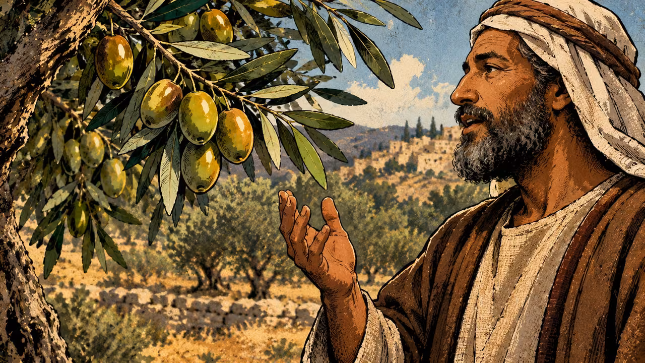 A healthy olive branch bears ripe fruit beside an anonymous mature adult’s calm speaking profile, close symbolic juxtaposition, green and gold, no fruit emerging from a mouth or magical growth.