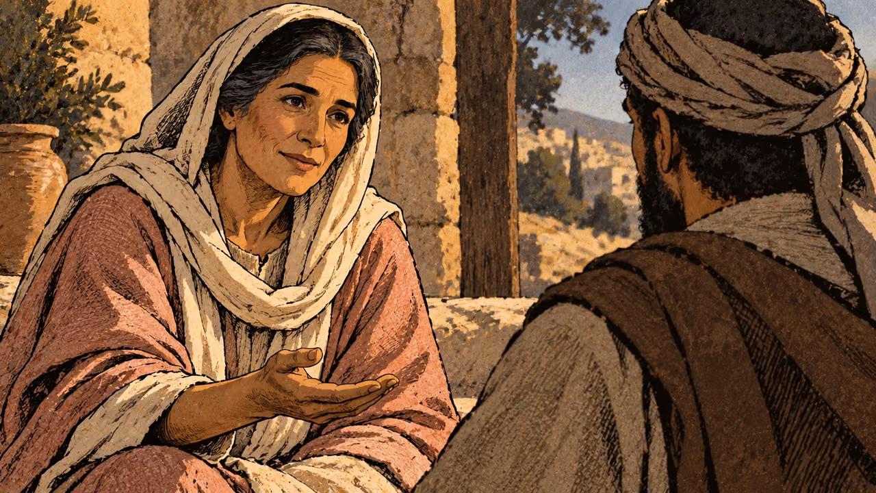 A mature anonymous woman speaks gently to an attentive grown listener, close reverse shoulder view, calm open palm, pale rose and cream, no actual words, written counsel or named conversation.