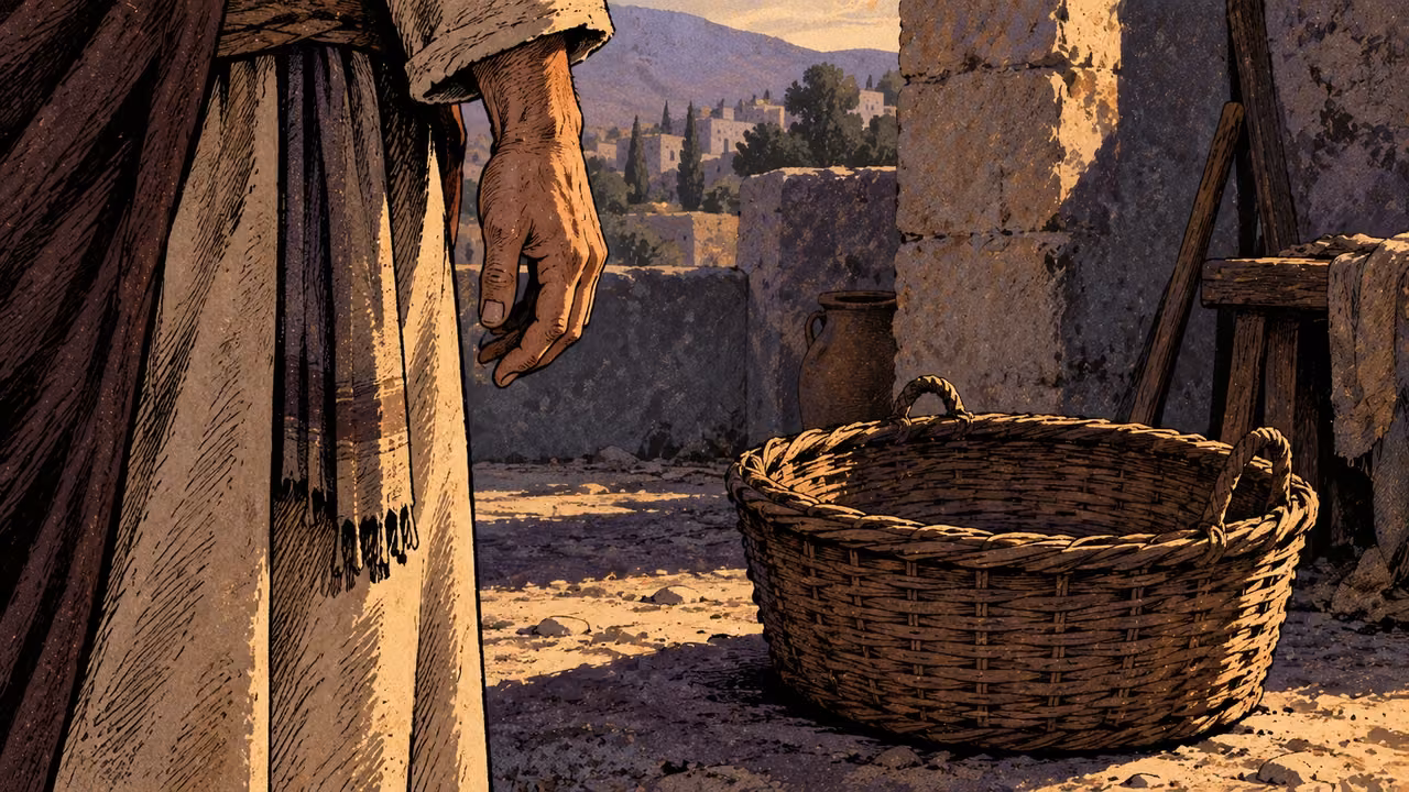 An idle mature adult hand hangs loosely beside an empty unmarked woven work basket, close vertical gesture within a wide frame, dusty violet shadows, no injury.