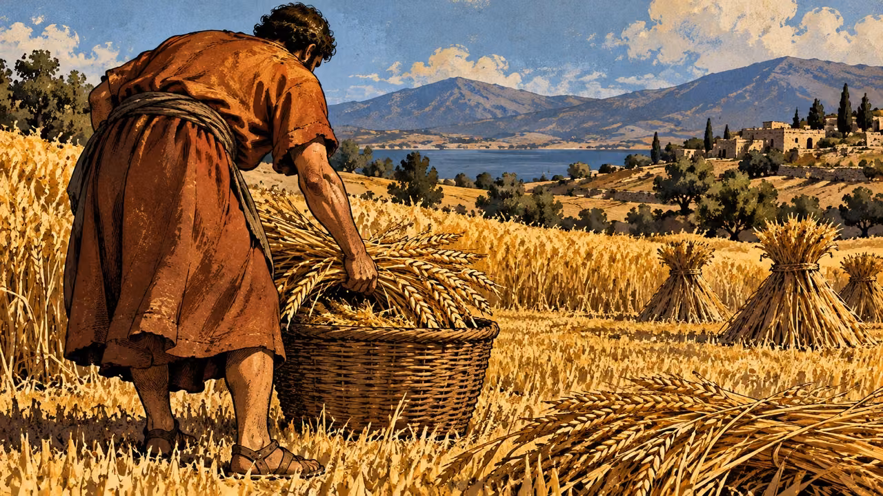 A fully grown son gathers ripe grain into a basket in summer fields, broad rear landscape view, simple russet robe, strong golden light, no named family or event.