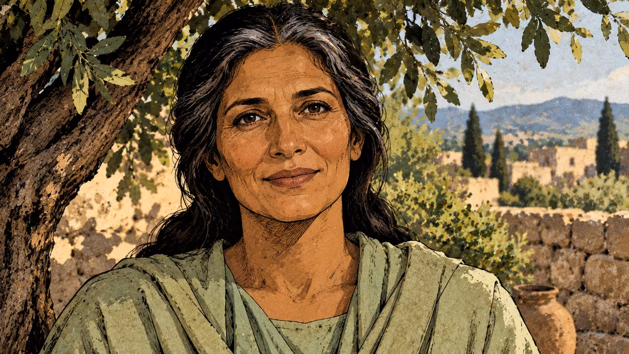 A calm mature woman’s head and shoulders stand in ordinary soft daylight beneath leafy shade, serene face, tight frontal portrait, pale green clothing, no halo or symbolic crown.