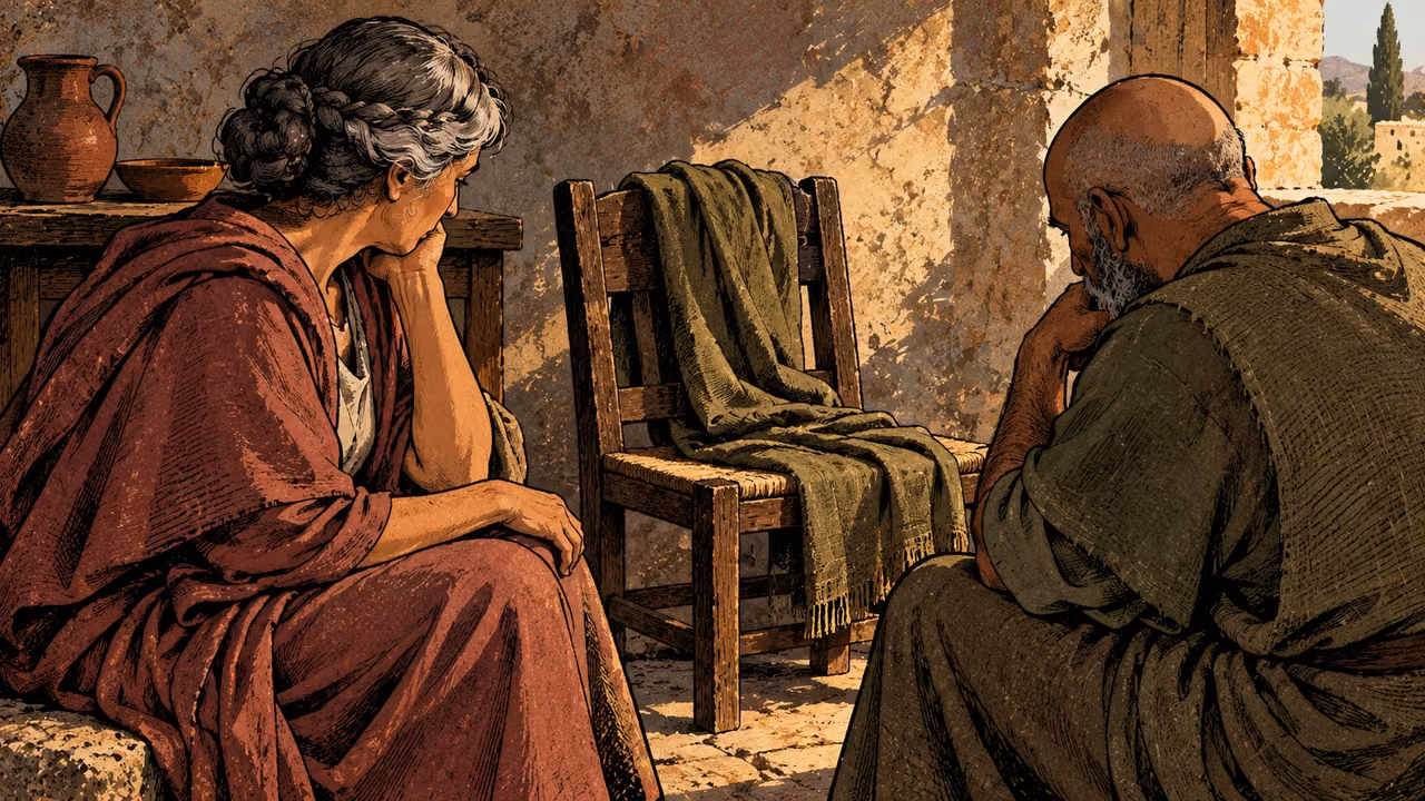 Two mature adults sit quietly remembering beside an empty household seat with a carefully kept plain cloak, intimate oblique view, warm rose and limestone, no portrait, inscription or named deceased person.