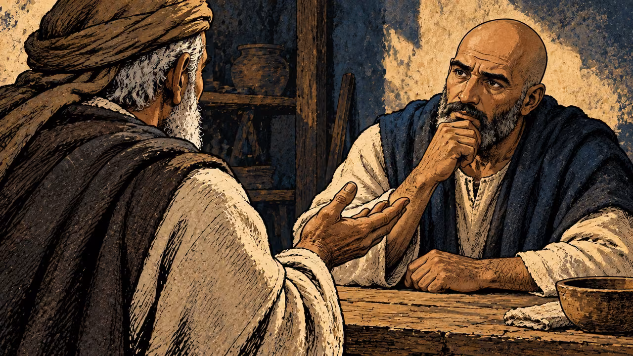 A bald mature adult listens attentively to an older adviser’s open palm across a plain workbench, close reverse viewpoint, cream and deep blue, no scroll or speech text.