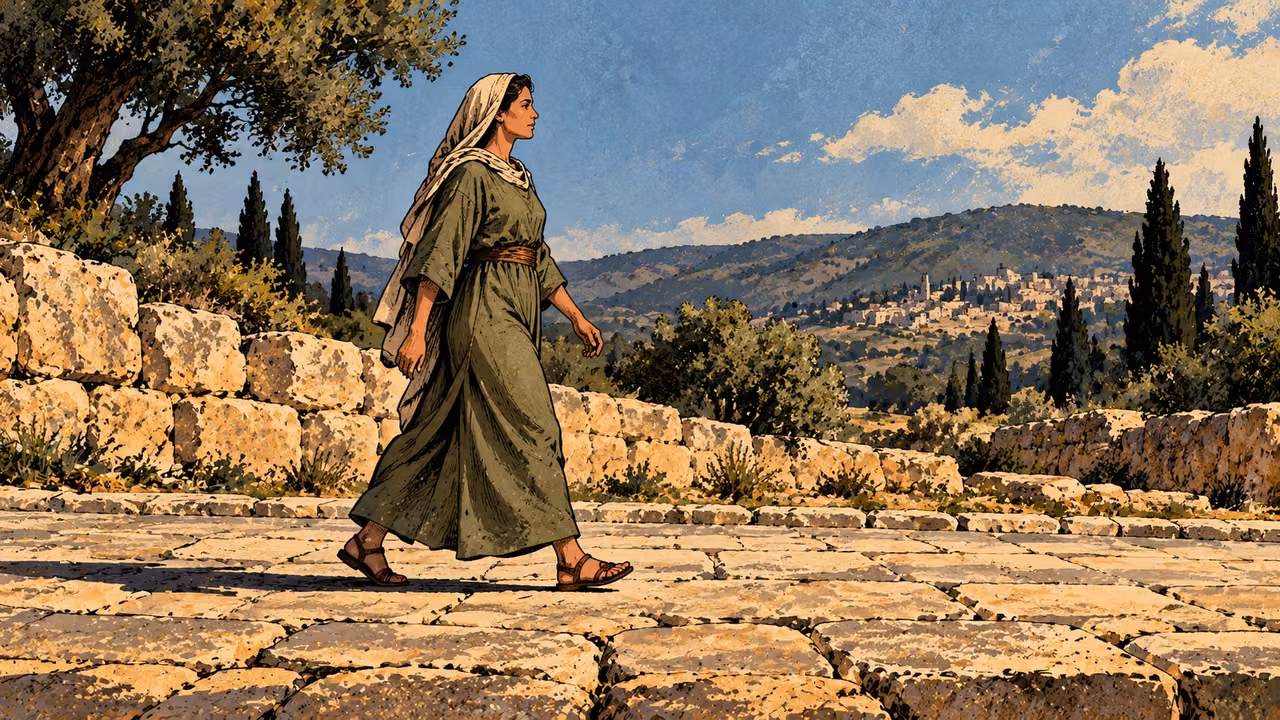 A mature adult woman walks upright on a clear broad level stone path with secure footing, long lateral view, muted olive robe, open daylight, no companion or pursuer.