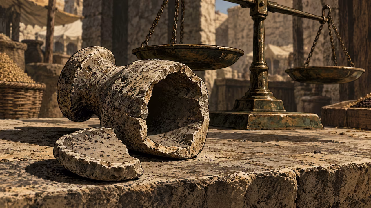 A broken hollow stone trade weight lies beside an ancient bronze balance on a rough market counter, extreme close view revealing the concealed cavity.