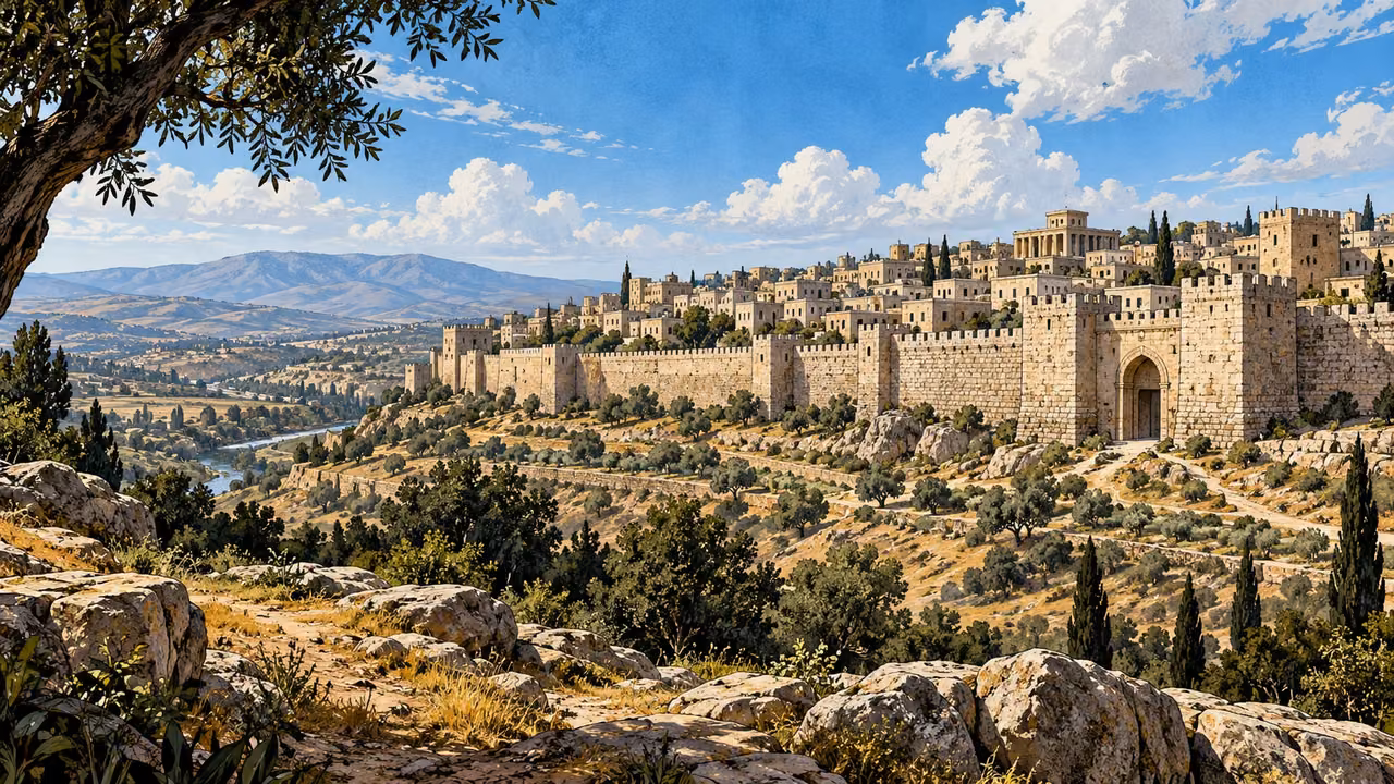 Coherent stone homes and a city gate stand beneath a bright sky, panoramic hillside view with orderly construction.