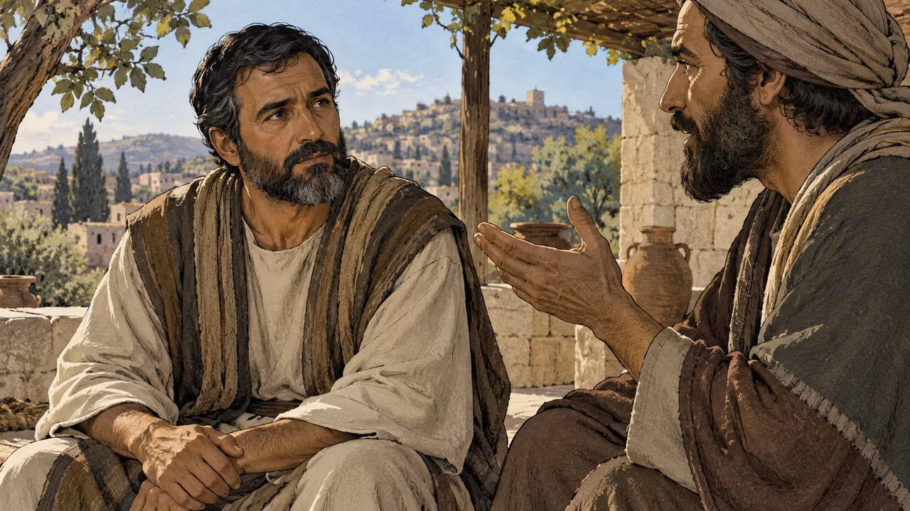 A mature man listens with closed lips and relaxed hands while another grown man speaks nearby.