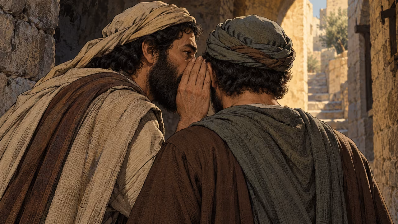 An adult leans to whisper near another adult’s ear in a narrow stone passage, close rear-side view with no other people.