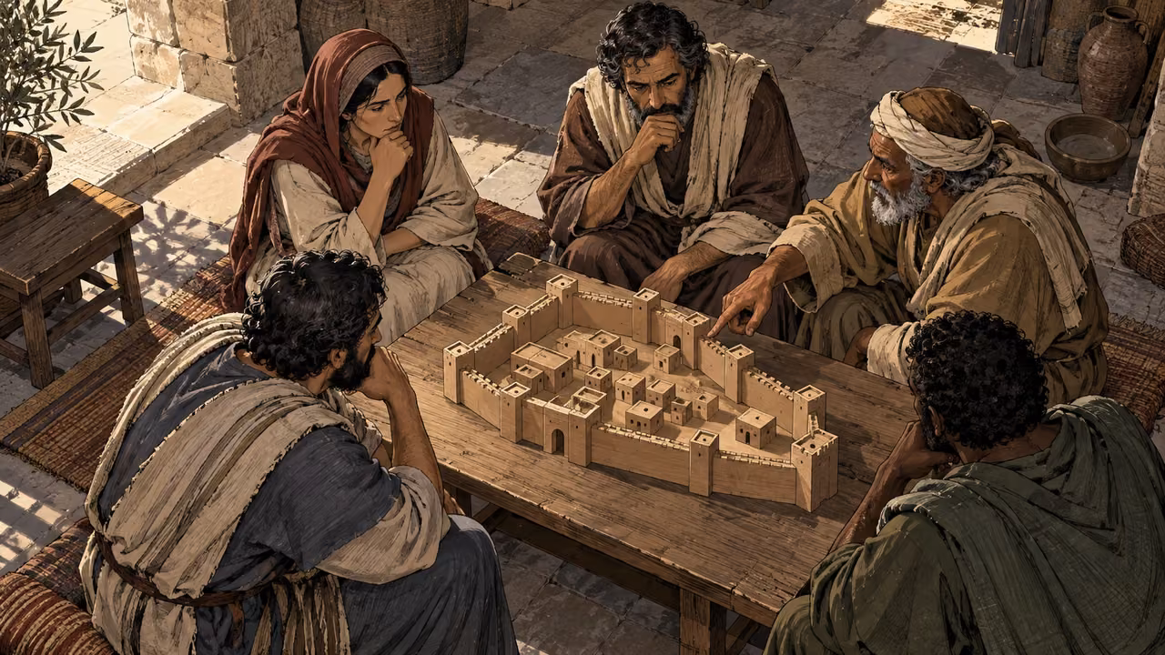 Five mature adults confer thoughtfully around a plain unmarked wooden model of city walls on a low table, high wide view.