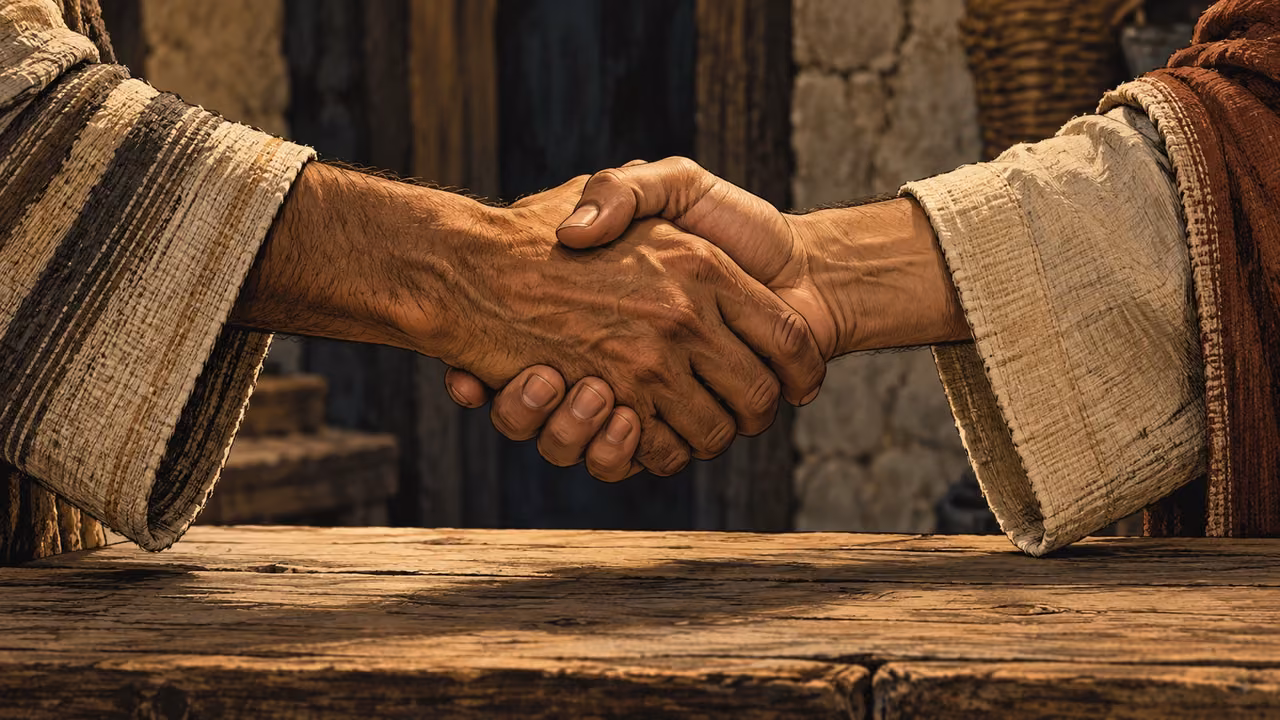 Two grown adults’ hands clasp over an empty market counter, extreme close detail with anonymous sleeves and no document.