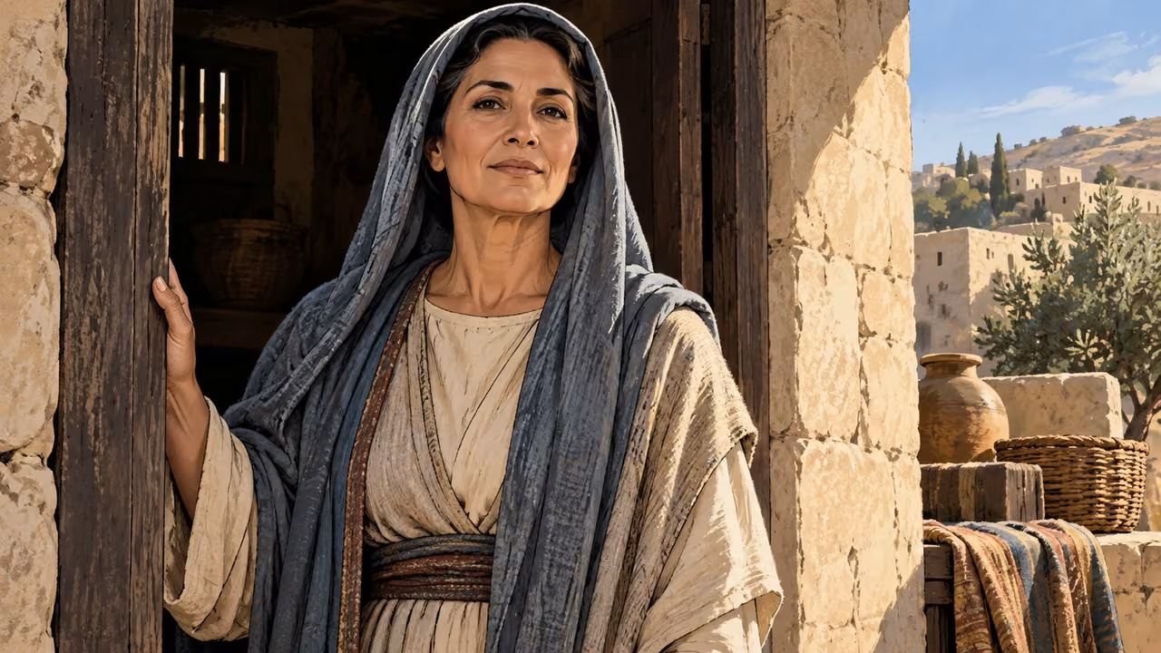 A mature plainly dressed woman stands with a composed dignified expression at a simple doorway, medium frontal portrait.